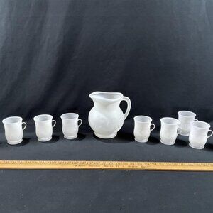 Vintage Kool-Aid Pitcher & 9 Cup Set – White Frosted Glass, Rare Complete